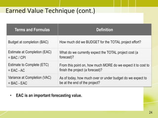 Earned Value Technique (cont.)
Terms and Formulas Definition
Budget at completion (BAC) How much did we BUDGET for the TOTAL project effort?
Estimate at Completion (EAC)
= BAC / CPI
What do we currently expect the TOTAL project cost (a
forecast)?
Estimate to Complete (ETC)
= EAC - AC
From this point on, how much MORE do we expect it to cost to
finish the project (a forecast)?
Variance at Completion (VAC)
= BAC - EAC
As of today, how much over or under budget do we expect to
be at the end of the project?
• EAC is an important forecasting value.
24
 