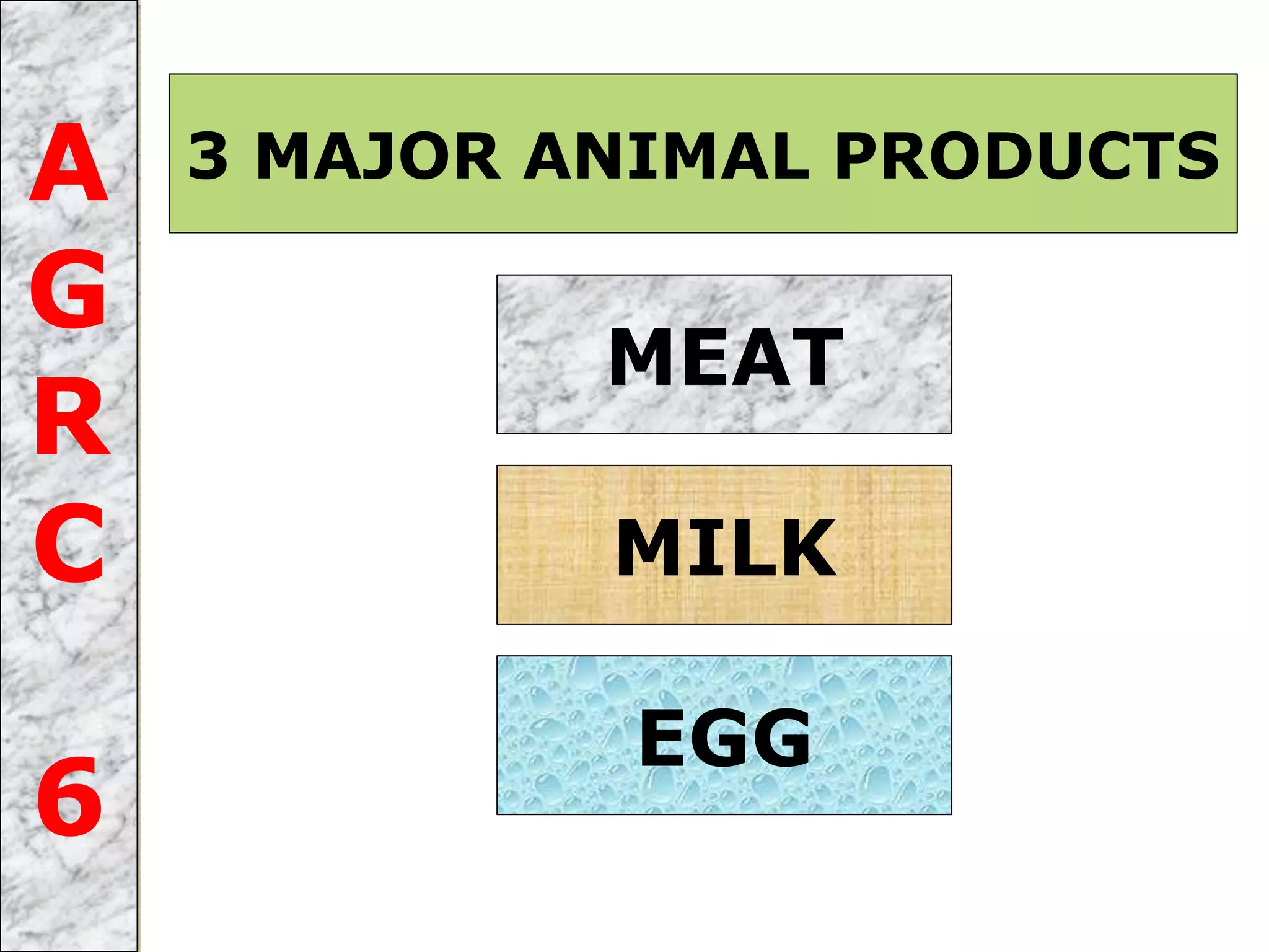 3 MAJOR ANIMAL PRODUCTSA
G
R
C
6
MEAT
MILK
EGG
 