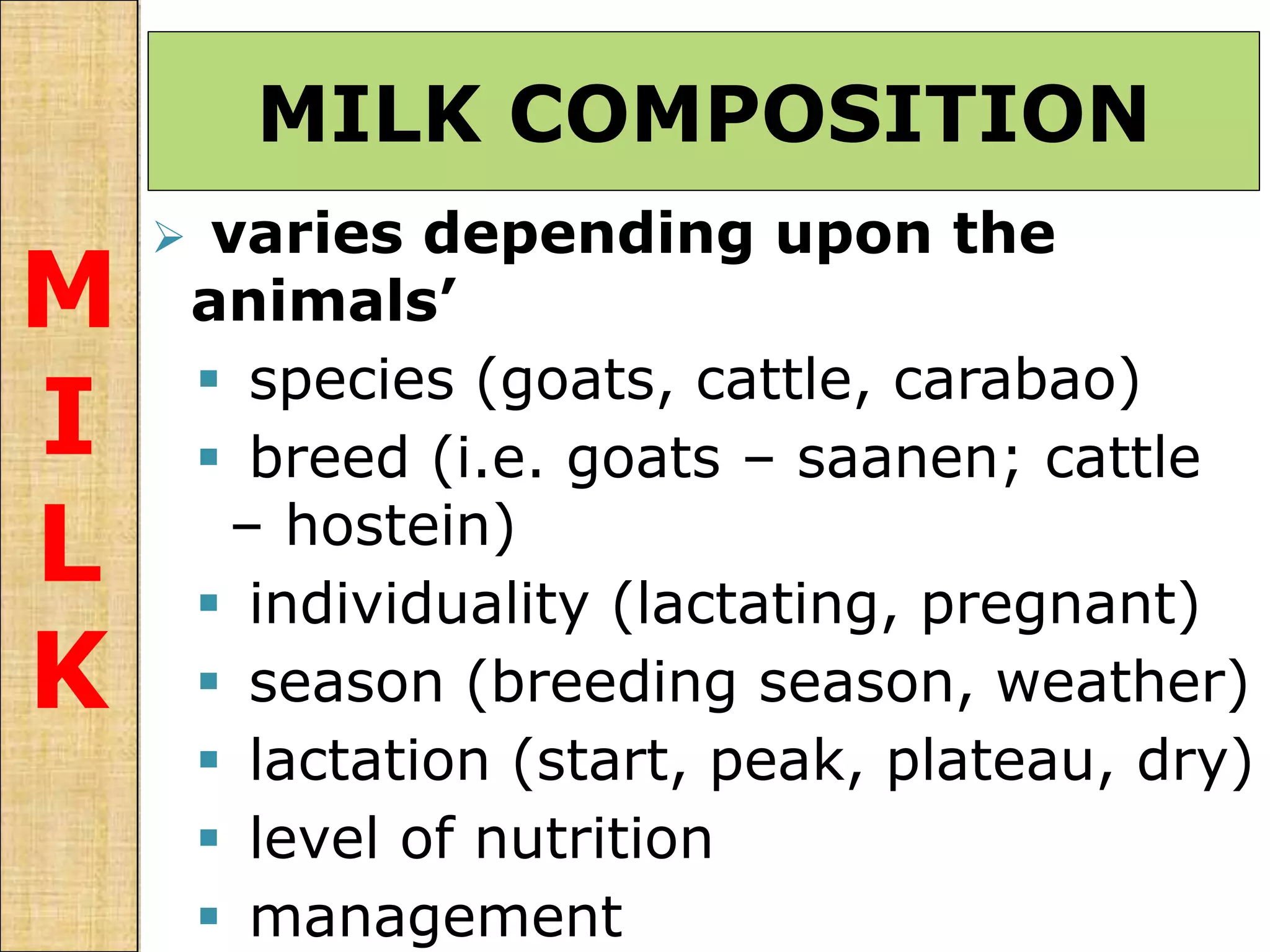 MILK COMPOSITION
M
I
L
K
 varies depending upon the
animals’
 species (goats, cattle, carabao)
 breed (i.e. goats – saanen; cattle
– hostein)
 individuality (lactating, pregnant)
 season (breeding season, weather)
 lactation (start, peak, plateau, dry)
 level of nutrition
 management
 