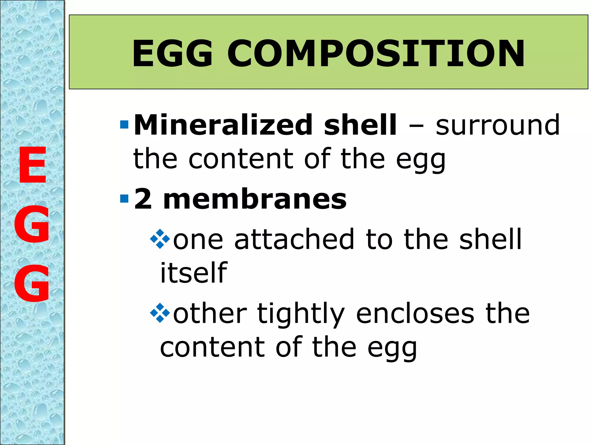 Mineralized shell – surround
the content of the egg
2 membranes
one attached to the shell
itself
other tightly encloses the
content of the egg
EGG COMPOSITION
E
G
G
 