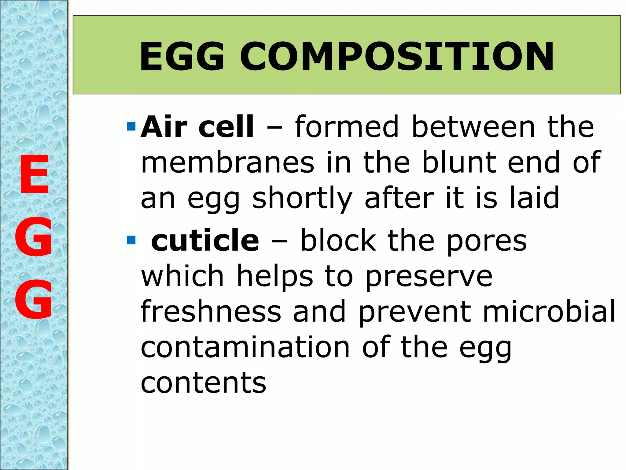 Air cell – formed between the
membranes in the blunt end of
an egg shortly after it is laid
 cuticle – block the pores
which helps to preserve
freshness and prevent microbial
contamination of the egg
contents
EGG COMPOSITION
E
G
G
 
