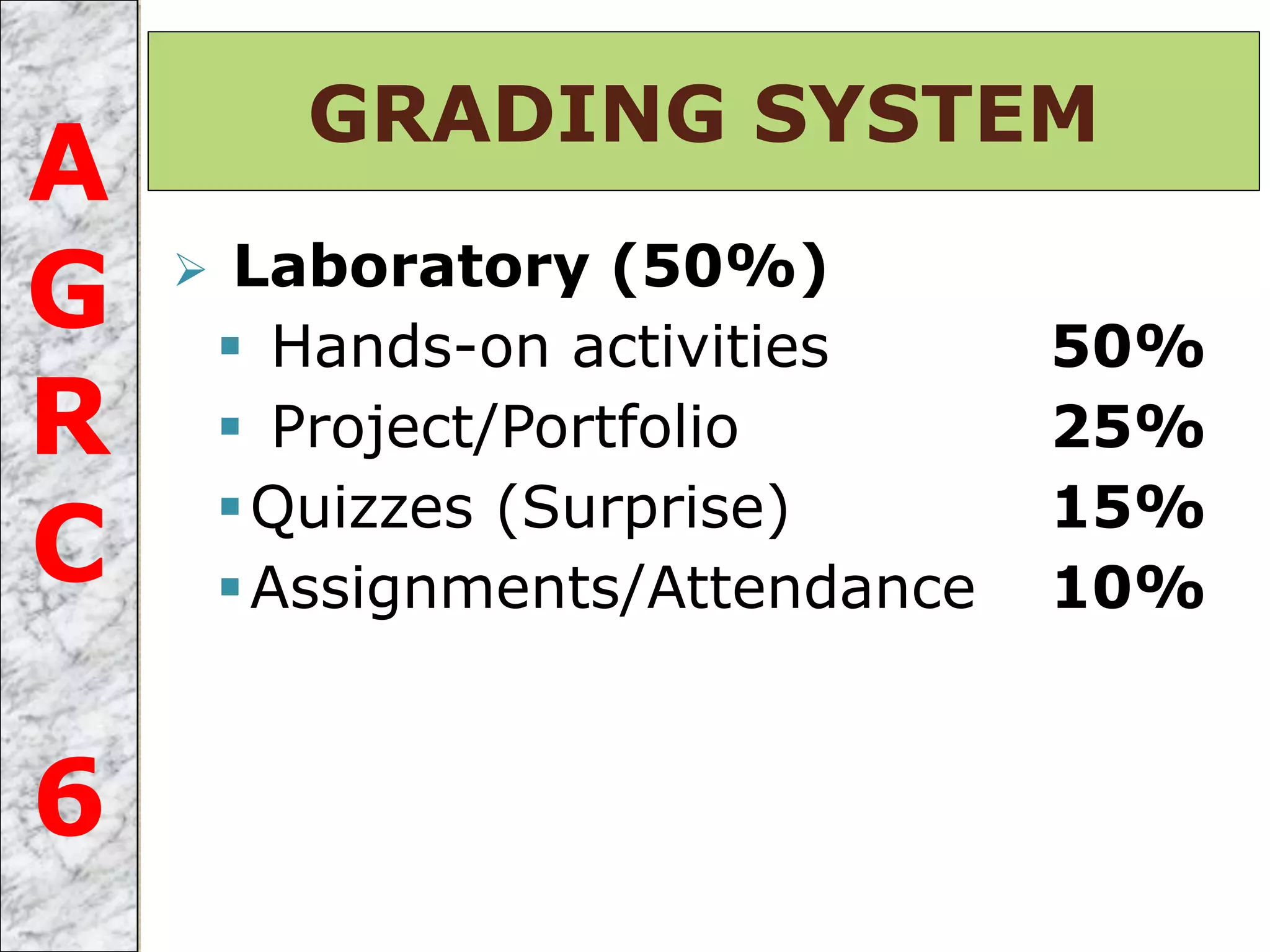  Laboratory (50%)
 Hands-on activities 50%
 Project/Portfolio 25%
Quizzes (Surprise) 15%
Assignments/Attendance 10%
GRADING SYSTEM
A
G
R
C
6
 