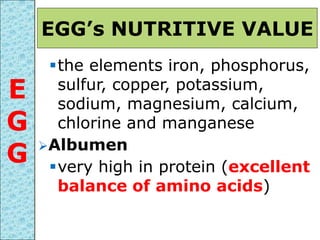 the elements iron, phosphorus,
sulfur, copper, potassium,
sodium, magnesium, calcium,
chlorine and manganese
Albumen
very high in protein (excellent
balance of amino acids)
EGG’s NUTRITIVE VALUE
E
G
G
 