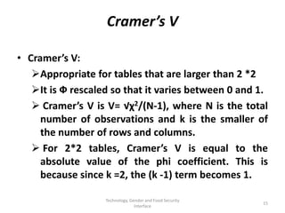 Cramer’s V

• Cramer’s V:
   Appropriate for tables that are larger than 2 *2
   It is Ф rescaled so that it varies between 0 and 1.
    Cramer’s V is V= √χ2/(N-1), where N is the total
     number of observations and k is the smaller of
     the number of rows and columns.
    For 2*2 tables, Cramer’s V is equal to the
     absolute value of the phi coefficient. This is
     because since k =2, the (k -1) term becomes 1.

                   Technology, Gender and Food Security
                                                          15
                                 Interface
 