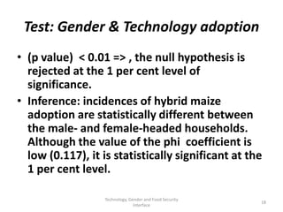 Test: Gender & Technology adoption
• (p value) < 0.01 => , the null hypothesis is
  rejected at the 1 per cent level of
  significance.
• Inference: incidences of hybrid maize
  adoption are statistically different between
  the male- and female-headed households.
  Although the value of the phi coefficient is
  low (0.117), it is statistically significant at the
  1 per cent level.

                   Technology, Gender and Food Security
                                                          18
                                 Interface
 