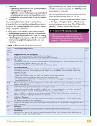 12 How has our perspective changed now? 305
4 Reflection

 Explain why the chosen research question and topic
were relevant and appropriate.

 Explain the research methods you used to collect and
record appropriate, varied and relevant information.

 Evaluate the process and results of your investigation.
5 References
Your investigation should include in-text citations
(Harvard) or footnotes (MLA) as well as a bibliography to
show that you have documented sources of information
using a recognized convention.
It is very important to reference your work in order to:

 demonstrate to your readers that you have conducted a
thorough and appropriate literature search, and reading

 acknowledge that you have used the ideas and written
material belonging to other people/authors in your
own work.
If you do not do this, you can be accused of plagiarism,
which has serious consequences. The IB MYP provides
further guidance on this at:
www.ibo.org/globalassets/publications/become-an-ib-
school/myp-general-regulations-2015-en.pdf
You may find it useful to use a framework to ‘scaffold’
or direct your writing towards the MYP Individuals
and Societies assessment criteria. Table 12.3 provides a
framework that you could use for this project.

 In this activity you have practised skills that
are assessed using Criterion A: Knowing and
understanding, Criterion B: Investigating and
Criterion D: Thinking critically.

 Assessment opportunities

 Table 12.3 Framework with assessment criteria
Criteria
being
assessed
Section name and guidance Score
/ 8
B i Research question and justification:
Identify your research question / the title of your investigation.
Explain why you believe your question to be appropriate to investigate.
B ii & iii Action plan:
Formulate an action plan for how you will complete the investigation from start to finish. Include a time frame
for how long you think each section might take you.
Describe the methods you will use to find the information you require.
C i & ii Investigation essay:
Communicate your information in a clear and concise manner ensuring you follow a structure of regularly
paragraphing and linking back to the question at the end of each paragraph. You may wish to use the PEEL
paragraph structure:
• Point: make it clear.
• Evidence: ensure you support your point with evidence from academic sources.
• Explanation: explain how the evidence supports the point you made.
• Link: this should point back to the main question and show how the paragraph has helped to partly answer it
(or give a perspective on it).
A i & ii Where appropriate, use technical vocabulary and write in detail, but remember you are writing an analytical
piece not a narrative one.
D i Identify the author’s opinions and concepts as part of your analysis.
D ii Bring together your knowledge gained from this book and the course as a whole, as well as the opinions of
academics, to help you support the points and opinions you are trying to make.
D iv Explore the different perspectives: economic, geographical and historical, as well as those of academics, and
identify what they are implying in relation to your question.
B i Evaluation of sources:
Identify and name the two sources that were most prominent in your investigation. Evaluate and justify why
they were so prominent in your investigation.
D iii Analyse and evaluate the two sources (separately) in terms of their values and limitations, linking these to their
origin and purpose.
B iv Reflection:
Evaluate what went well in your investigation and how you could have made it even better.
C iii Bibliography:
Document all the sources that you used in your investigation. Ensure this is done using either the Harvard or
MLA system – use the same one throughout.
 
