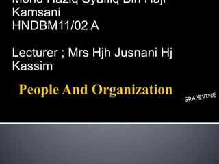 Mohd Haziq Syafiiq Bin Haji
Kamsani
HNDBM11/02 A

Lecturer ; Mrs Hjh Jusnani Hj
Kassim
 