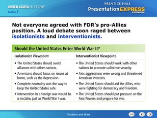 The Cold War BeginsDictators and Wars
Section 1
Not everyone agreed with FDR’s pro-Allies
position. A loud debate soon raged between
isolationists and interventionists.
 
