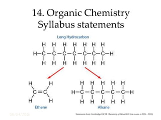 08/04/2016
14. Organic Chemistry
Syllabus statements
Statements from Cambridge IGCSE Chemistry syllabus 0620 (for exams in 2016 – 2018)
 