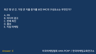Answer: E
최근 몇 년 간, 가장 큰 지출 증가를 보안 IMC의 구성요소는 무엇인가?
A. PR
B. 미디어 광고
C. 판매 촉진
D. 홍보
E. 직접 마케팅
미국마케팅협회 AMA PCM® / 한국마케팅교육연구소
 