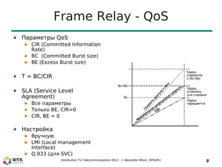 Frame Relay - QoS
Параметры QoS
   CIR (Committed Information
   Rate)
   BC (Committed Burst size)
   BE (Excess Burst size)

T = BC/CIR

SLA (Service Level
Agreement)
   Все параметры
   Только BE, CIR=0
   CIR, BE = 0

Настройка
   Вручную
   LMI (Local management
   Interface)
   Q.933 (для SVC)
              Introduction To Telecommunications 2012 - © Alexander Eltsov, SPbSPU   9
 