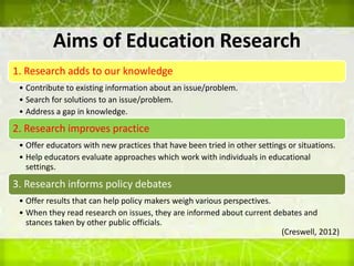Aims of Education Research
1. Research adds to our knowledge
• Contribute to existing information about an issue/problem.
• Search for solutions to an issue/problem.
• Address a gap in knowledge.
2. Research improves practice
• Offer educators with new practices that have been tried in other settings or situations.
• Help educators evaluate approaches which work with individuals in educational
settings.
3. Research informs policy debates
• Offer results that can help policy makers weigh various perspectives.
• When they read research on issues, they are informed about current debates and
stances taken by other public officials.
(Creswell, 2012)
 