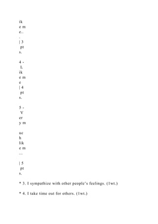 ik
e m
e..
.
| 3
pt
s.
4 -
L
ik
e m
e
| 4
pt
s.
5 -
V
er
y m
uc
h
lik
e m
...
| 5
pt
s.
* 3. I sympathize with other people’s feelings. (1wt.)
* 4. I take time out for others. (1wt.)
 