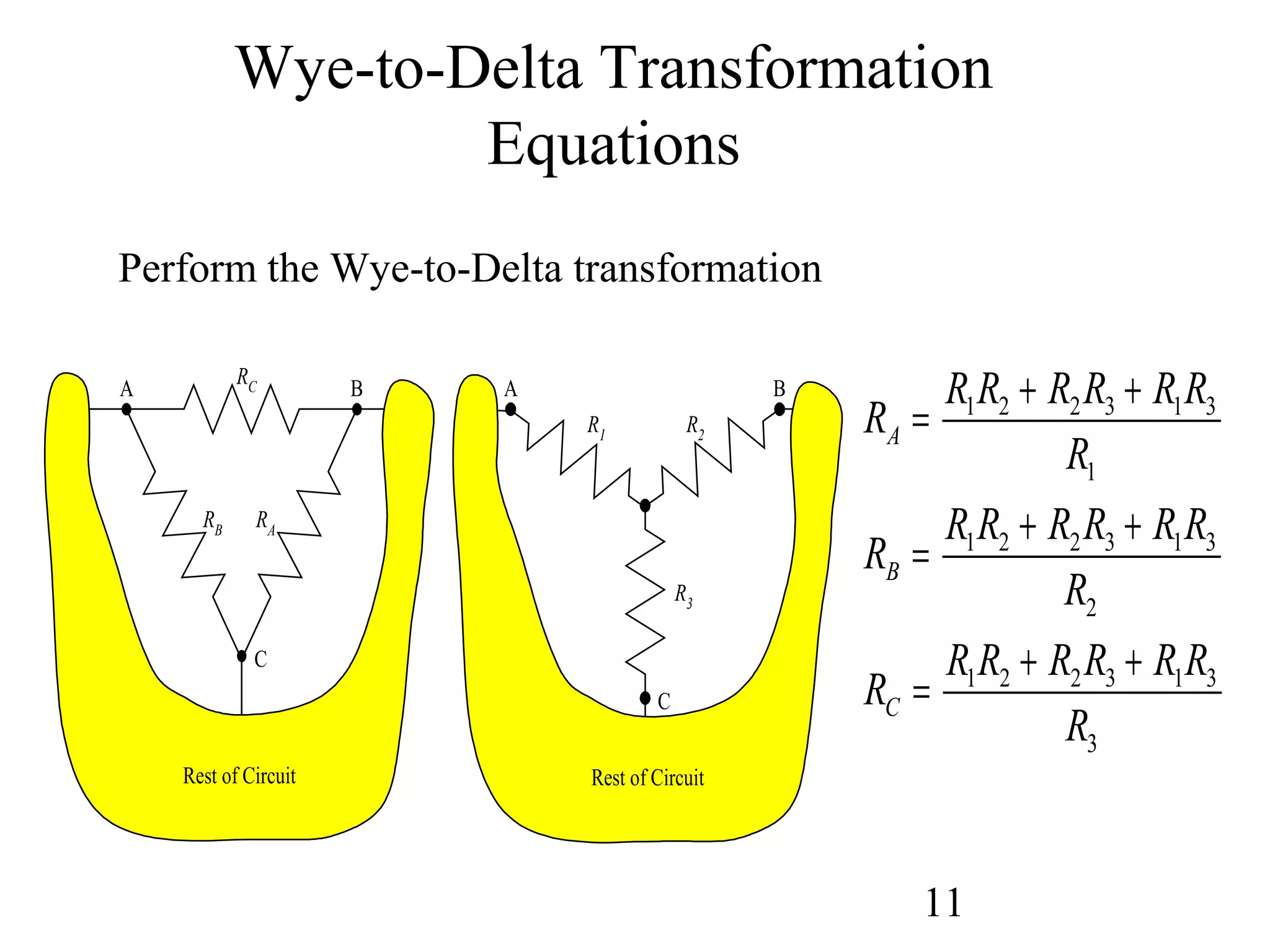 11
Wye-to-Delta Transformation
Equations
RC
RA
RB
A
C
B
R2
R3
R1
A B
C
Rest of CircuitRest of Circuit
1 2 2 3 1 3
1
1 2 2 3 1 3
2
1 2 2 3 1 3
3
A
B
C
R R R R R R
R
R
R R R R R R
R
R
R R R R R R
R
R
+ +
=
+ +
=
+ +
=
Perform the Wye-to-Delta transformation
 
