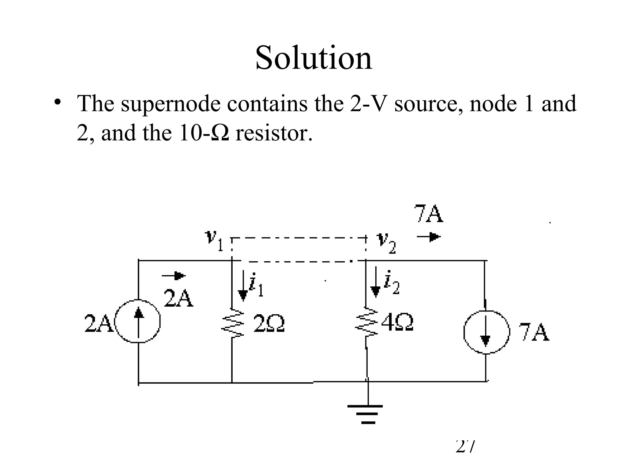 27
Solution
• The supernode contains the 2-V source, node 1 and
2, and the 10-Ω resistor.
 