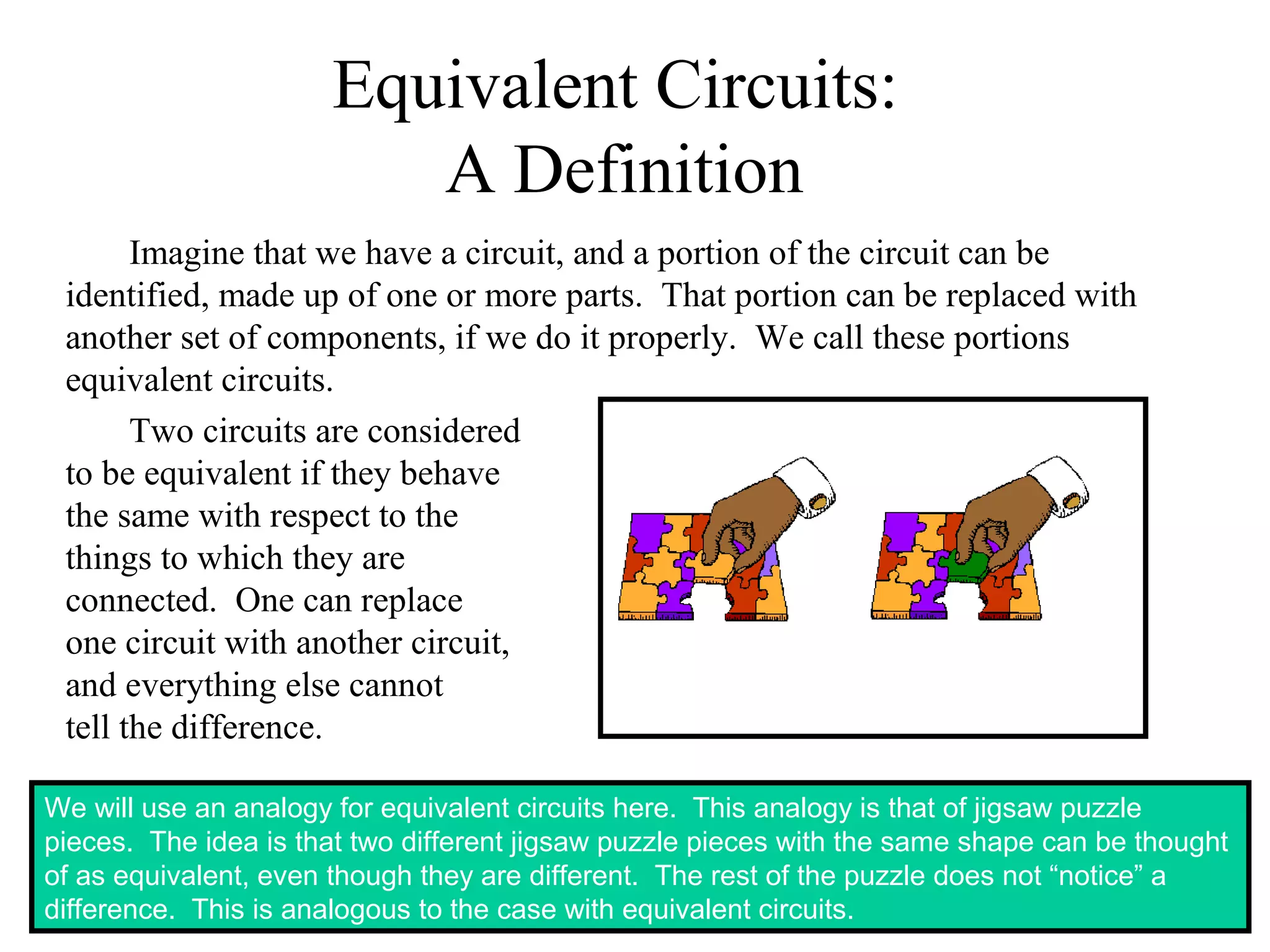 3
Equivalent Circuits:
A Definition
Imagine that we have a circuit, and a portion of the circuit can be
identified, made up of one or more parts. That portion can be replaced with
another set of components, if we do it properly. We call these portions
equivalent circuits.
Two circuits are considered
to be equivalent if they behave
the same with respect to the
things to which they are
connected. One can replace
one circuit with another circuit,
and everything else cannot
tell the difference.
We will use an analogy for equivalent circuits here. This analogy is that of jigsaw puzzle
pieces. The idea is that two different jigsaw puzzle pieces with the same shape can be thought
of as equivalent, even though they are different. The rest of the puzzle does not “notice” a
difference. This is analogous to the case with equivalent circuits.
 