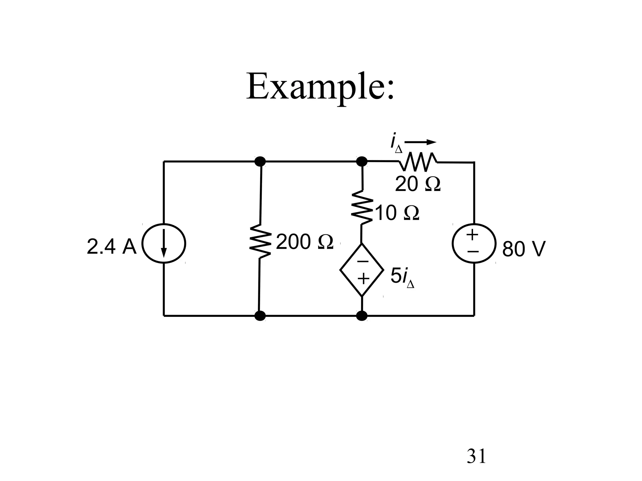 31
–
+
–
+
80 V
5i∆
20 Ω
10 Ω
200 Ω2.4 A
i∆
Example:
 