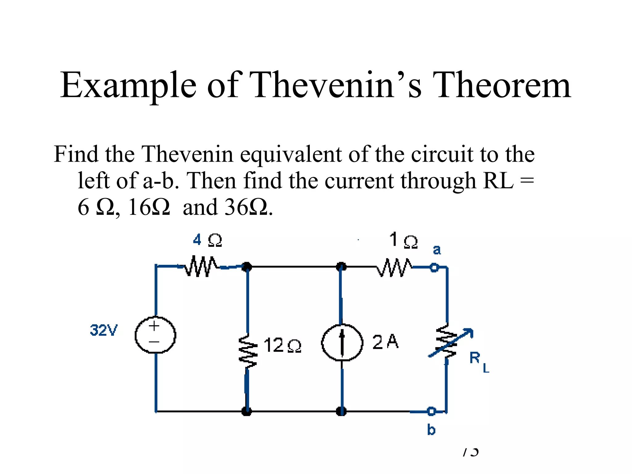 73
Example of Thevenin’s Theorem
Find the Thevenin equivalent of the circuit to the
left of a-b. Then find the current through RL =
6 Ω, 16Ω and 36Ω.
 