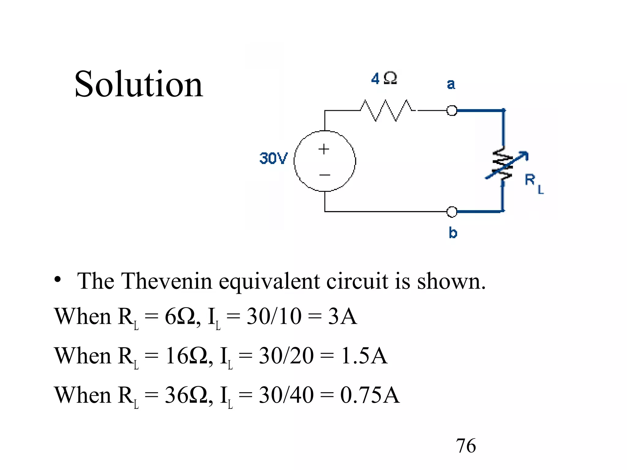 76
Solution
• The Thevenin equivalent circuit is shown.
When RL = 6Ω, IL = 30/10 = 3A
When RL = 16Ω, IL = 30/20 = 1.5A
When RL = 36Ω, IL = 30/40 = 0.75A
 