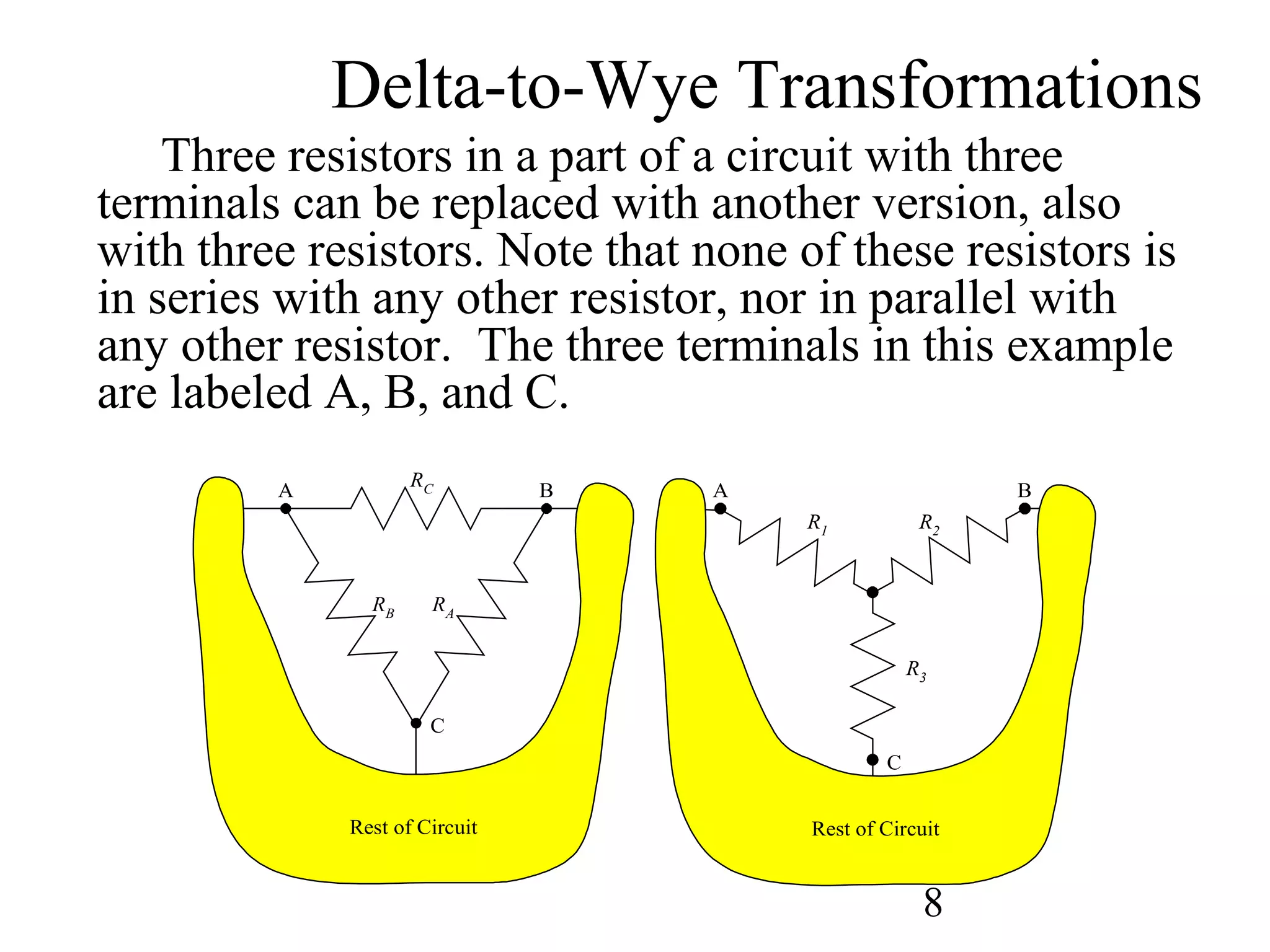 8
Delta-to-Wye Transformations
Three resistors in a part of a circuit with three
terminals can be replaced with another version, also
with three resistors. Note that none of these resistors is
in series with any other resistor, nor in parallel with
any other resistor. The three terminals in this example
are labeled A, B, and C.
RC
RA
RB
A
C
B
R2
R3
R1
A B
C
Rest of CircuitRest of Circuit
 