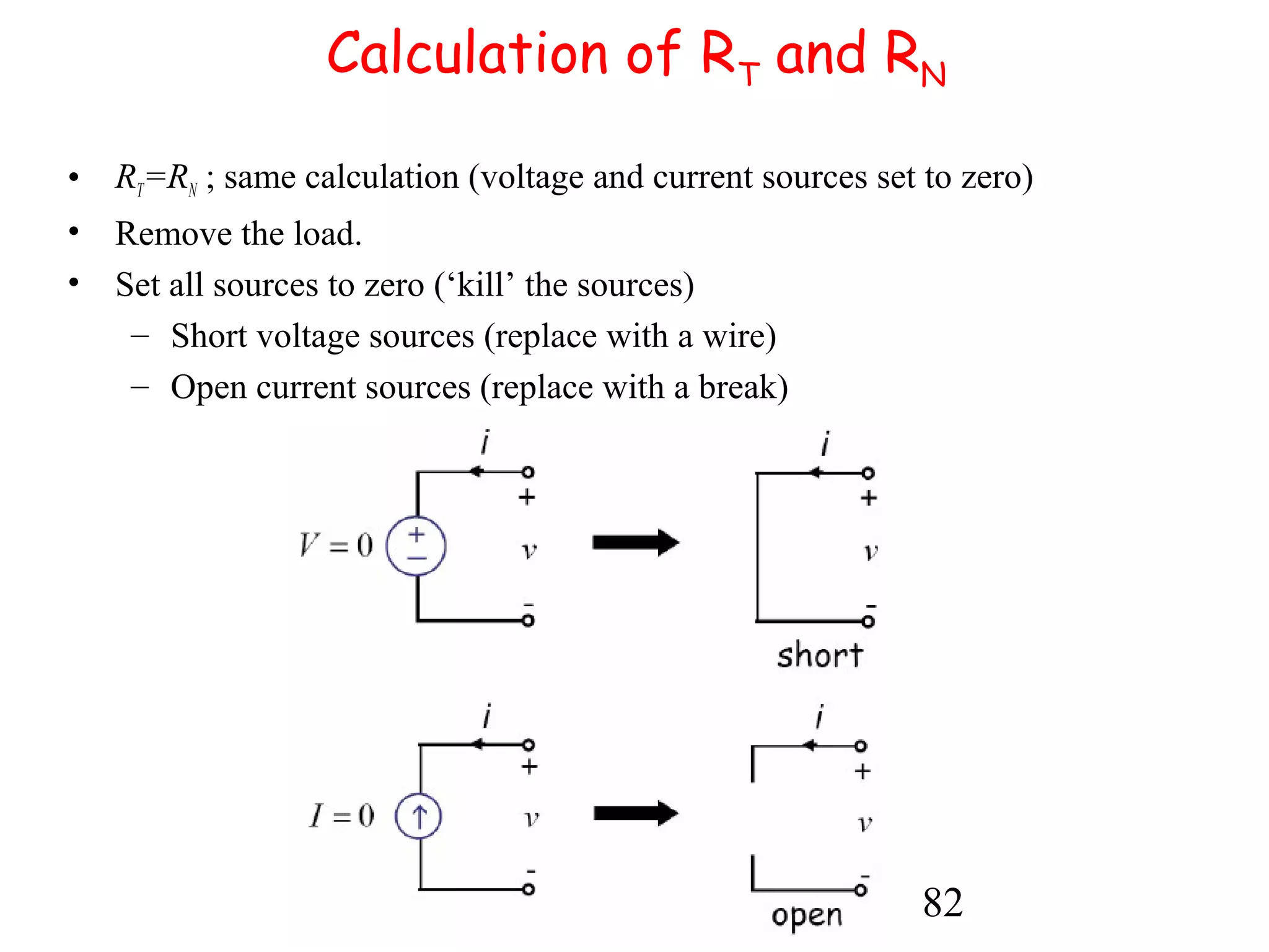 82
Calculation of RT and RN
• RT=RN ; same calculation (voltage and current sources set to zero)
• Remove the load.
• Set all sources to zero (‘kill’ the sources)
– Short voltage sources (replace with a wire)
– Open current sources (replace with a break)
 