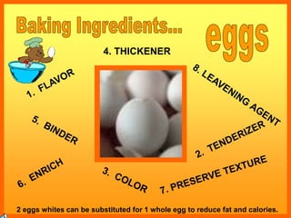 2 eggs whites can be substituted for 1 whole egg to reduce fat and calories.
4. THICKENER
 
