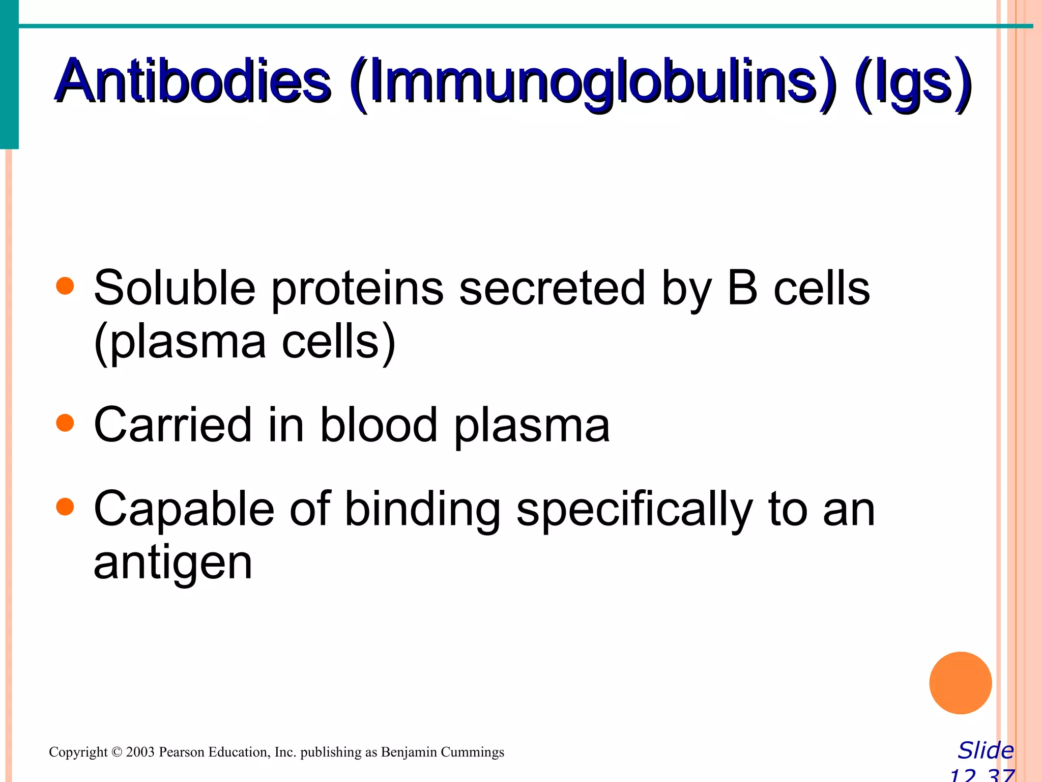 Antibodies (Immunoglobulins) (Igs)


• Soluble proteins secreted by B cells
  (plasma cells)
• Carried in blood plasma
• Capable of binding specifically to an
  antigen


Copyright © 2003 Pearson Education, Inc. publishing as Benjamin Cummings   Slide
 