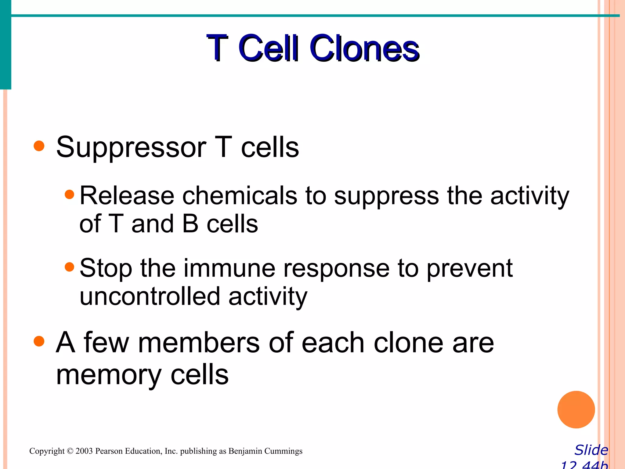 T Cell Clones

• Suppressor T cells
        • Release chemicals to suppress the activity
          of T and B cells
        • Stop the immune response to prevent
          uncontrolled activity
• A few members of each clone are
  memory cells

Copyright © 2003 Pearson Education, Inc. publishing as Benjamin Cummings   Slide
 