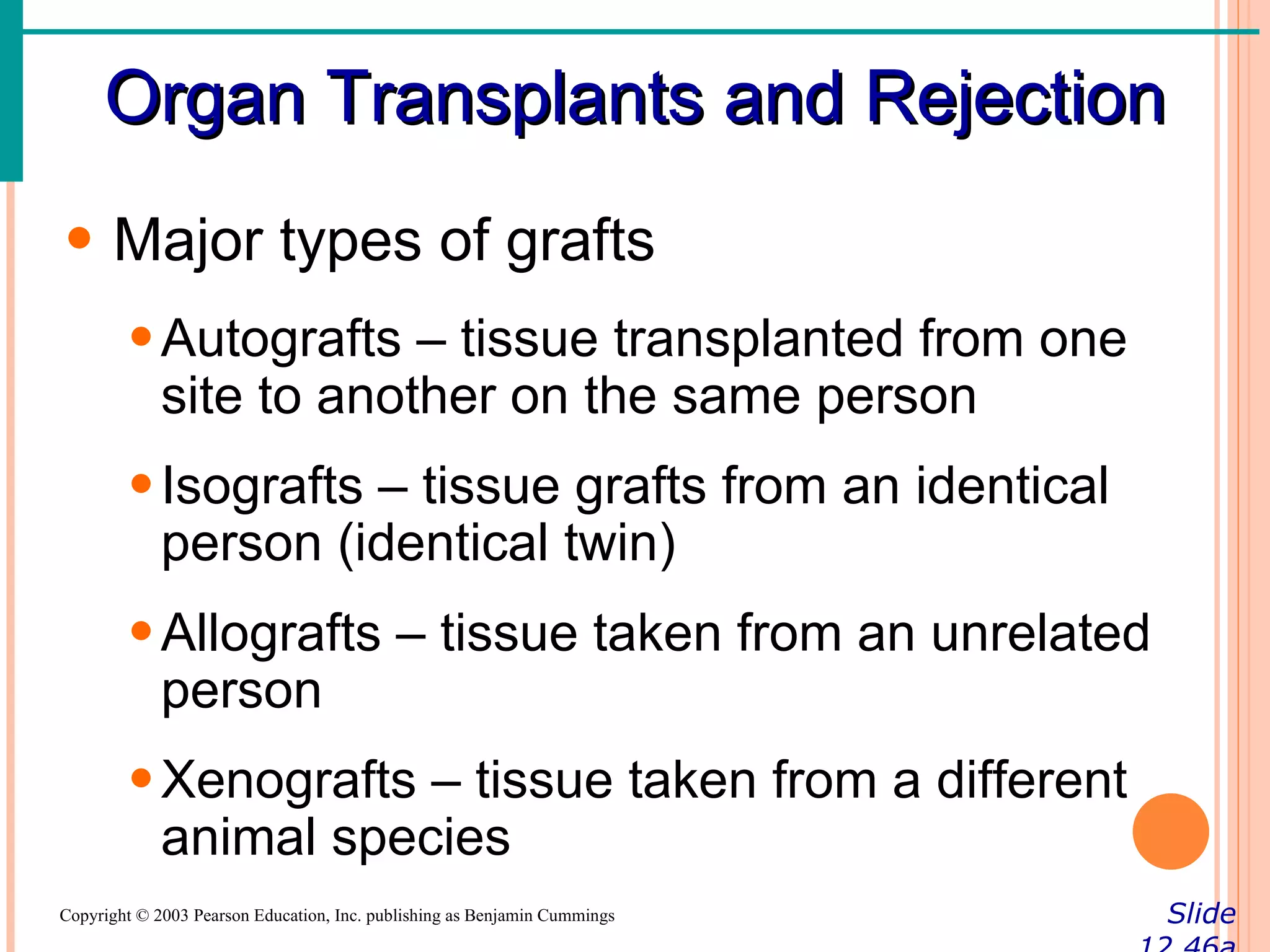 Organ Transplants and Rejection
• Major types of grafts
        • Autografts – tissue transplanted from one
          site to another on the same person
        • Isografts – tissue grafts from an identical
          person (identical twin)
        • Allografts – tissue taken from an unrelated
          person
        • Xenografts – tissue taken from a different
          animal species
Copyright © 2003 Pearson Education, Inc. publishing as Benjamin Cummings   Slide
 