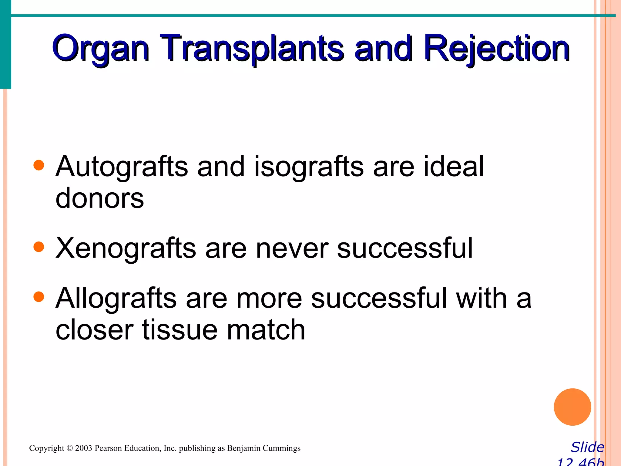 Organ Transplants and Rejection


• Autografts and isografts are ideal
  donors
• Xenografts are never successful
• Allografts are more successful with a
  closer tissue match


Copyright © 2003 Pearson Education, Inc. publishing as Benjamin Cummings   Slide
 