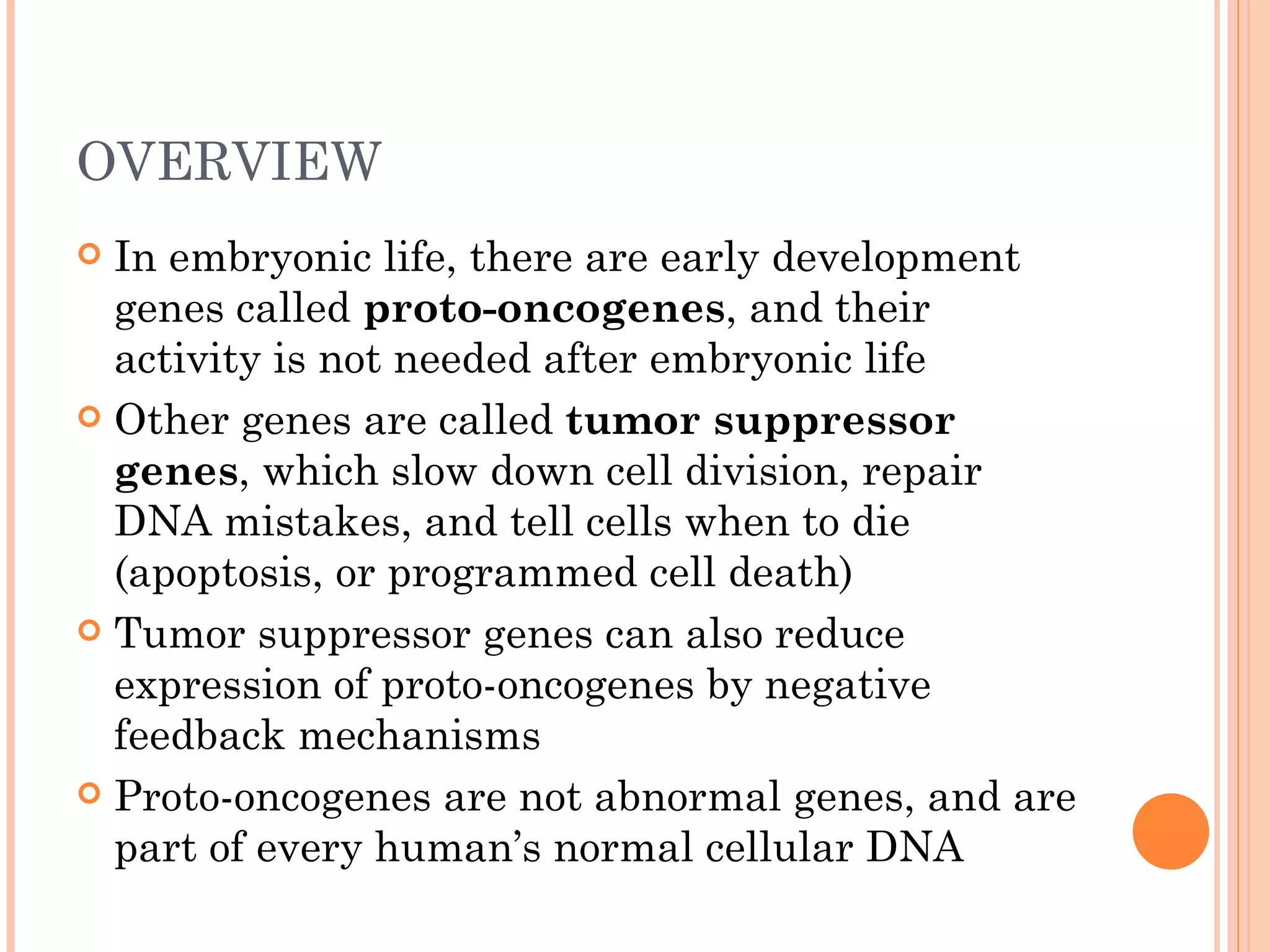 OVERVIEW
 In embryonic life, there are early development
  genes called proto-oncogenes, and their
  activity is not needed after embryonic life
 Other genes are called tumor suppressor
  genes, which slow down cell division, repair
  DNA mistakes, and tell cells when to die
  (apoptosis, or programmed cell death)
 Tumor suppressor genes can also reduce
  expression of proto-oncogenes by negative
  feedback mechanisms
 Proto-oncogenes are not abnormal genes, and are
  part of every human’s normal cellular DNA
 
