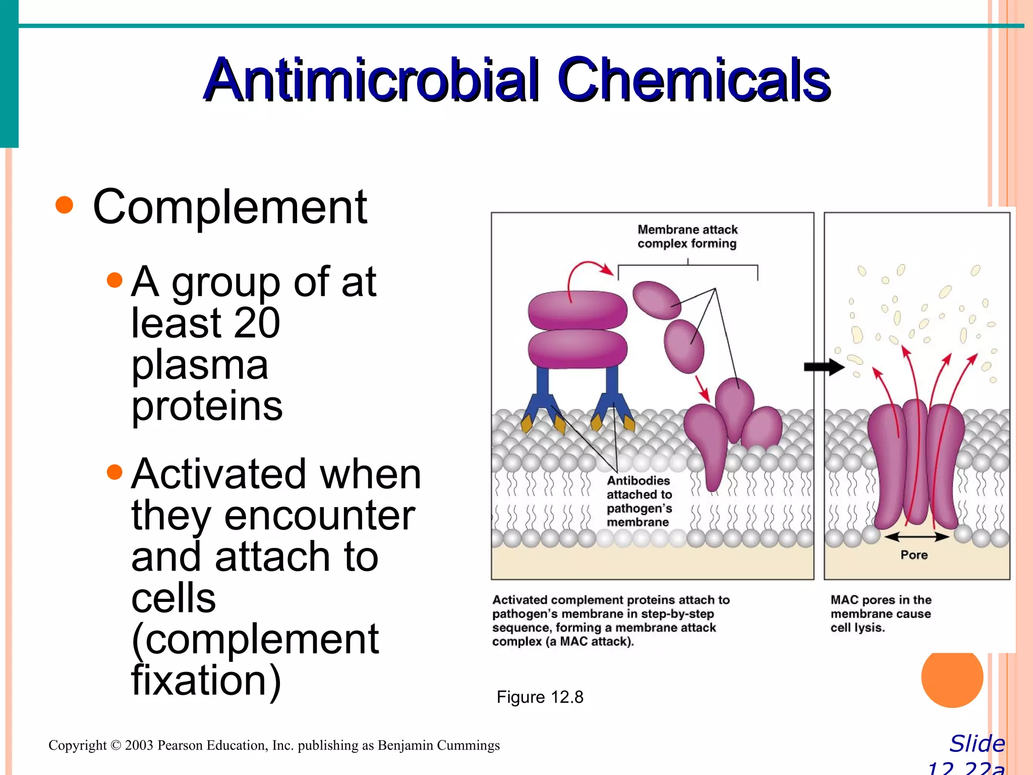 Antimicrobial Chemicals

• Complement
        • A group of at
          least 20
          plasma
          proteins
        • Activated when
          they encounter
          and attach to
          cells
          (complement
          fixation)                                                    Figure 12.8

Copyright © 2003 Pearson Education, Inc. publishing as Benjamin Cummings             Slide
 