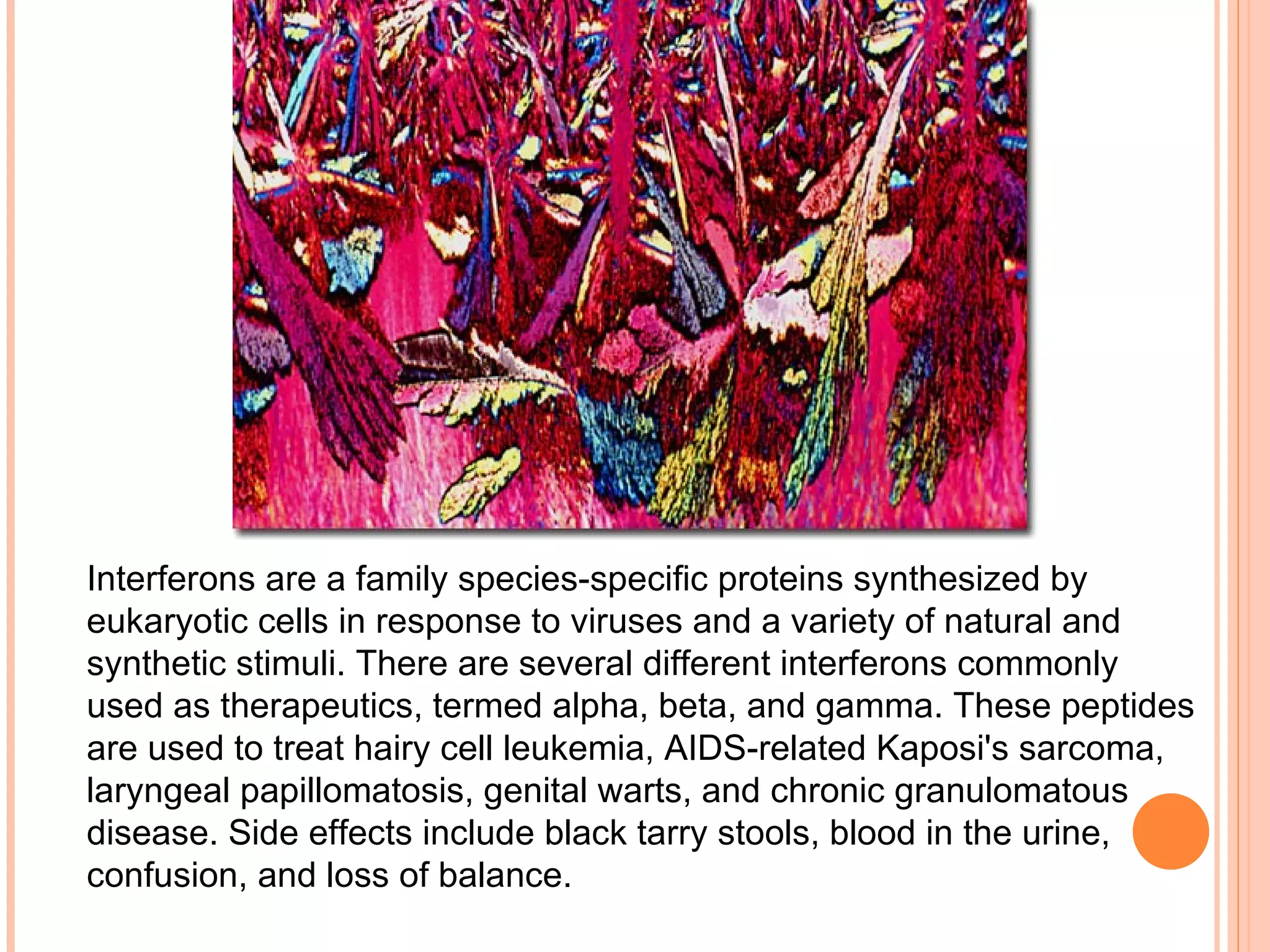 Interferons are a family species-specific proteins synthesized by
eukaryotic cells in response to viruses and a variety of natural and
synthetic stimuli. There are several different interferons commonly
used as therapeutics, termed alpha, beta, and gamma. These peptides
are used to treat hairy cell leukemia, AIDS-related Kaposi's sarcoma,
laryngeal papillomatosis, genital warts, and chronic granulomatous
disease. Side effects include black tarry stools, blood in the urine,
confusion, and loss of balance.
 