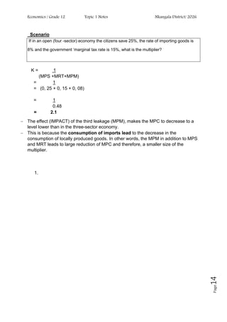 Economics / Grade 12 Topic 1 Notes Nkangala District/ 2026
Page
14
Scenario
If in an open (four -sector) economy the citizens save 25%, the rate of importing goods is
8% and the government ‘marginal tax rate is 15%, what is the multiplier?
K = 1
(MPS +MRT+MPM)
= 1
= (0, 25 + 0, 15 + 0, 08)
= 1
0.48
= 2.1
− The effect (IMPACT) of the third leakage (MPM), makes the MPC to decrease to a
level lower than in the three-sector economy.
− This is because the consumption of imports lead to the decrease in the
consumption of locally produced goods. In other words, the MPM in addition to MPS
and MRT leads to large reduction of MPC and therefore, a smaller size of the
multiplier.
1.
 