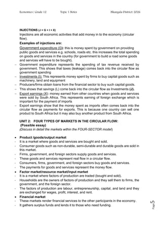 Economics / Grade 12 Topic 1 Notes Nkangala District/ 2026
Page
5
INJECTIONS (J = G + I + X)
Injections are all economic activities that add money in to the economy (circular
flow).
Examples of injections are:
Government expenditure (G): this is money spent by government on providing
public goods and services e.g. schools, roads etc. this increases the total spending
on goods and services in the country (for government to build a road some goods
and services will have to be bought).
− Government expenditure represents the spending of tax revenue received by
government. This shows that taxes (leakage) comes back into the circular flow as
government spending
− Investments (I): This represents money spent by firms to buy capital goods such as
machinery, land and equipment
− Producers/firms obtain loans from the financial sector to buy such capital goods.
− This shows that savings (L) come back into the circular flow as Investments (J).
− Export earnings (X): money earned from other countries when goods and services
were sold by South Africa. This represents earning of foreign exchange which is
important for the payment of imports
− Export earnings show that the money spent as imports often comes back into the
circular flow as payments for exports. This is because one country can sell one
product to South Africa but it may also buy another product from South Africa.
UNIT 2: FOUR TYPES OF MARKETS IN THE CIRCULAR FLOW:
(Possible essay)
(Discuss in detail the markets within the FOUR-SECTOR model)
• Product /goods/output market
- It is a market where goods and services are bought and sold.
- Consumer goods such as non-durable, semi-durable and durable goods are sold in
this market.
- Firms, government, and foreign sectors supply goods and services.
- These goods and services represent real flow in a circular flow.
- Consumers, firms, government, and foreign sectors buy goods and services.
- The payments for goods and services represent the money flow.
• Factor market/resource market/input market
- It is a market where factors of production are traded (bought and sold).
- Households are the owners of factors of production and they sell them to firms, the
government, and the foreign sector.
- The factors of production are labour, entrepreneurship, capital, and land and they
are exchanged for wages, profit, interest, and rent.
• Financial market
- These markets render financial services to the other participants in the economy.
- It gathers surplus funds and lends it to those who need funding.
 