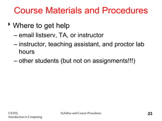 CS305j
Introduction to Computing
Syllabus and Course Procedures 23
Course Materials and Procedures
Where to get help
– email listserv, TA, or instructor
– instructor, teaching assistant, and proctor lab
hours
– other students (but not on assignments!!!)
 