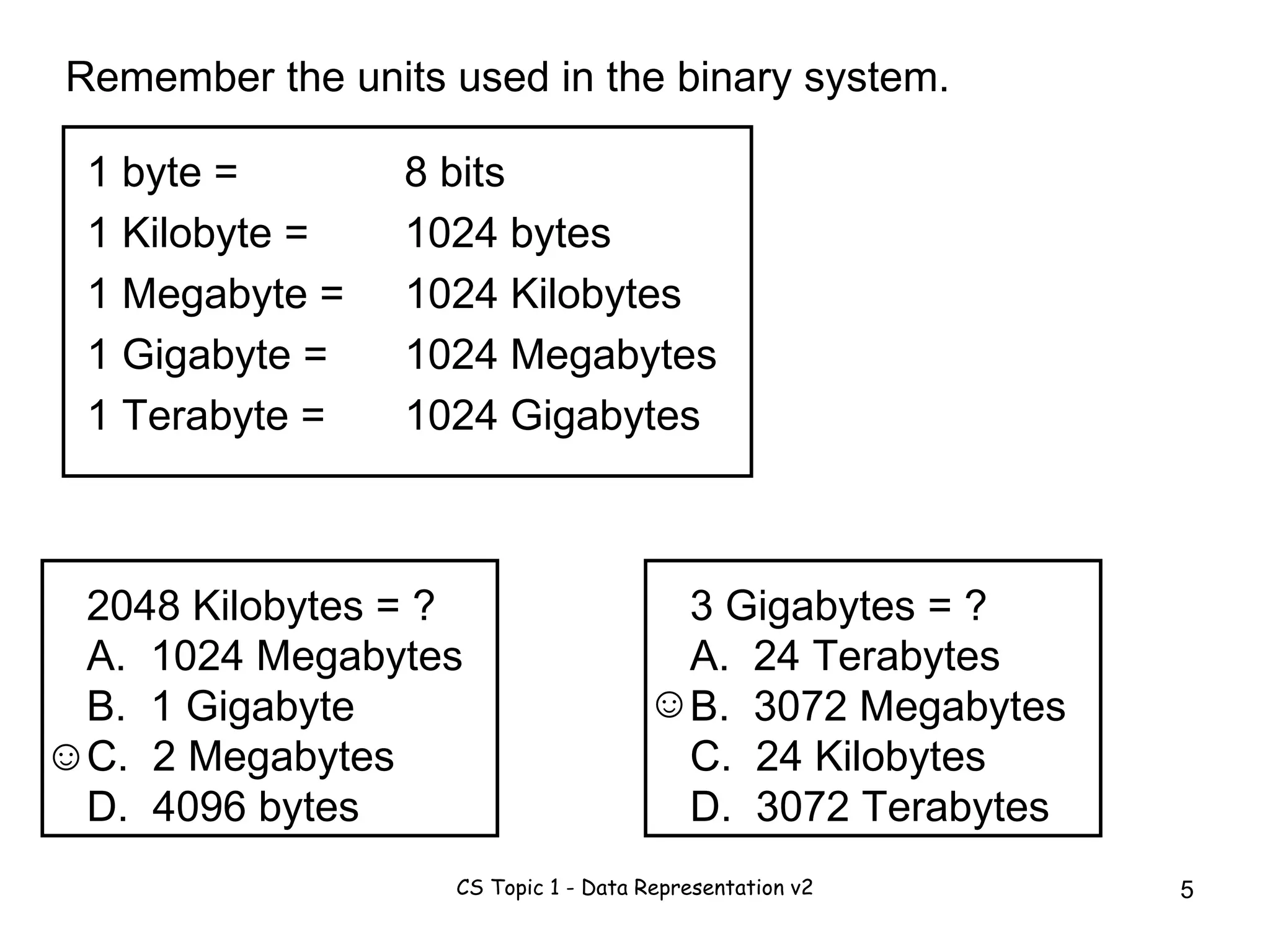 Remember the units used in the binary system. 1 byte =  1 Kilobyte =  1 Terabyte = 1 Gigabyte = 1 Megabyte =  2048 Kilobytes = ? A.  1024 Megabytes B.  1 Gigabyte C.  2 Megabytes D.  4096 bytes 8 bits 1024 bytes 1024 Kilobytes 1024 Megabytes 1024 Gigabytes ☺ 3 Gigabytes = ? A.  24 Terabytes B.  3072 Megabytes C.  24 Kilobytes D.  3072 Terabytes ☺ 
