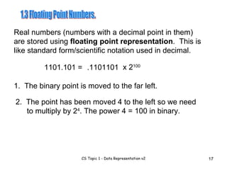 1.3 Floating Point Numbers. Real numbers (numbers with a decimal point in them) are stored using  floating point representation .  This is like standard form/scientific notation used in decimal. 2.  The point has been moved 4 to the left so we need to multiply by 2 4 . The power 4 = 100 in binary. 1101.101 =  .1101101 x 2 100 1.  The binary point is moved to the far left. 