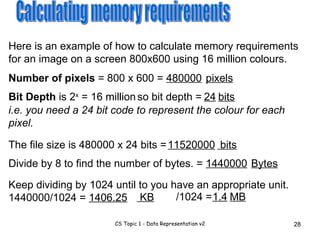 Calculating memory requirements Here is an example of how to calculate memory requirements for an image on a screen 800x600 using 16 million colours. Number of pixels  = 800 x 600 =  480000 pixels Bit Depth  is 2 x  = 16 million so bit depth =  i.e. you need a 24 bit code to represent the colour for each pixel. 24 The file size is 480000 x 24 bits = Keep dividing by 1024 until to you have an appropriate unit. 1440000/1024 =  1406.25 Divide by 8 to find the number of bytes. =  1440000 Bytes bits 11520000 bits KB /1024 =  1.4 MB 