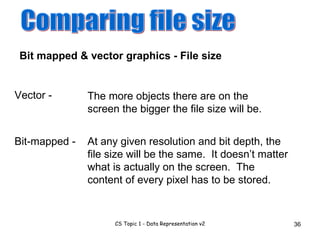 Comparing file size At any given resolution and bit depth, the file size will be the same.  It doesn’t matter what is actually on the screen.  The content of every pixel has to be stored. Bit mapped & vector graphics - File size The more objects there are on the screen the bigger the file size will be. Vector - Bit-mapped - 