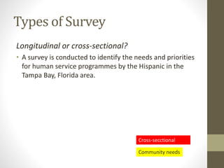 Types of Survey
Longitudinal or cross-sectional?
• A survey is conducted to identify the needs and priorities
for human service programmes by the Hispanic in the
Tampa Bay, Florida area.
Cross-secctional
Community needs
 