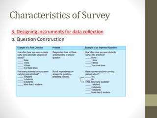 Characteristics of Survey
3. Designing instruments for data collection
b. Question Construction
 