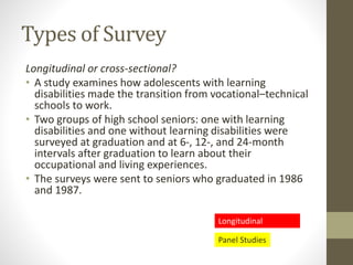 Types of Survey
Longitudinal or cross-sectional?
• A study examines how adolescents with learning
disabilities made the transition from vocational–technical
schools to work.
• Two groups of high school seniors: one with learning
disabilities and one without learning disabilities were
surveyed at graduation and at 6-, 12-, and 24-month
intervals after graduation to learn about their
occupational and living experiences.
• The surveys were sent to seniors who graduated in 1986
and 1987.
Longitudinal
Panel Studies
 
