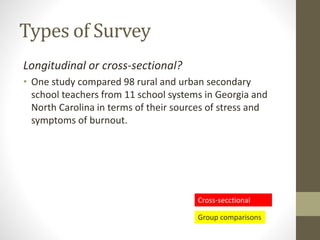 Types of Survey
Longitudinal or cross-sectional?
• One study compared 98 rural and urban secondary
school teachers from 11 school systems in Georgia and
North Carolina in terms of their sources of stress and
symptoms of burnout.
Cross-secctional
Group comparisons
 