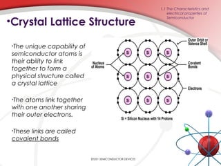 •The unique capability of
semiconductor atoms is
their ability to link
together to form a
physical structure called
a crystal lattice
•The atoms link together
with one another sharing
their outer electrons.
•These links are called
covalent bonds
•Crystal Lattice Structure
EE201 SEMICONDUCTOR DEVICES
1.1 The Characteristics and
electrical properties of
Semiconductor
 