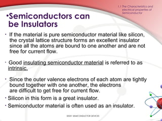• If the material is pure semiconductor material like silicon,
the crystal lattice structure forms an excellent insulator
since all the atoms are bound to one another and are not
free for current flow.
• Good insulating semiconductor material is referred to as
intrinsic.
• Since the outer valence electrons of each atom are tightly
bound together with one another, the electrons
are difficult to get free for current flow.
• Silicon in this form is a great insulator.
• Semiconductor material is often used as an insulator.
•Semiconductors can
be Insulators
1.1 The Characteristics and
electrical properties of
Semiconductor
EE201 SEMICONDUCTOR DEVICES
 