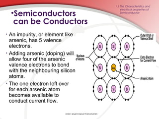EE201 SEMICONDUCTOR DEVICES
•Semiconductors
can be Conductors
• An impurity, or element like
arsenic, has 5 valence
electrons.
• Adding arsenic (doping) will
allow four of the arsenic
valence electrons to bond
with the neighbouring silicon
atoms.
• The one electron left over
for each arsenic atom
becomes available to
conduct current flow.
1.1 The Characteristics and
electrical properties of
Semiconductor
 