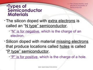 •Types of
Semiconductor
Materials
EE201 SEMICONDUCTOR DEVICES
• The silicon doped with extra electrons is
called an “N type” semiconductor.
• “N” is for negative, which is the charge of an
electron.
• Silicon doped with material missing electrons
that produce locations called holes is called
“P type” semiconductor.
• “P” is for positive, which is the charge of a hole.
1.1 The Characteristics and
electrical properties of
Semiconductor
 