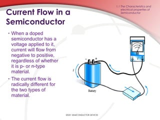EE201 SEMICONDUCTOR DEVICES
Current Flow in a
Semiconductor
• When a doped
semiconductor has a
voltage applied to it,
current will flow from
negative to positive,
regardless of whether
it is p- or n-type
material.
• The current flow is
radically different for
the two types of
material.
1.1 The Characteristics and
electrical properties of
Semiconductor
 