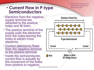 • Current Flow in P-type
Semiconductors
EE201 SEMICONDUCTOR DEVICES
• Electrons from the negative
supply terminal are
attracted to the positive
holes and fill them.
• The positive terminal of the
supply pulls the electrons
from the holes leaving the
holes to attract more
electrons.
• Current (electrons) flows
from the negative terminal
to the positive terminal.
• Inside the semiconductor,
current flow is actually by
the movement of the holes
from positive to negative.
1.1 The Characteristics and
electrical properties of
Semiconductor
 